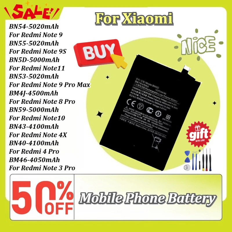 New BN40 BN43 BM46 BM4J BN53 BN54 BN55 BN59 BN5D Mobile Phone Battery For Xiaomi Redmi Note 11 10 10X 9 9S 8 4 4X 3 Pro