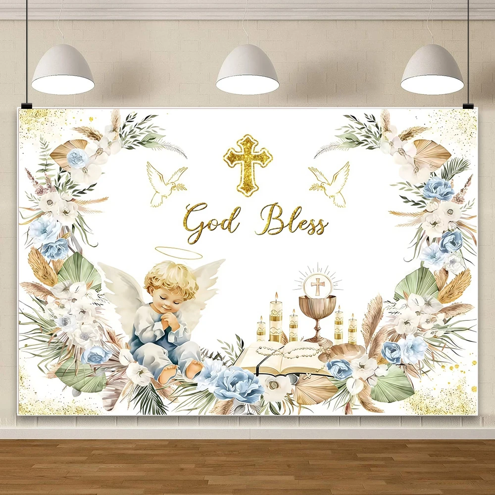 Boy Girl My First Holy Communion Background for Photographs Gold Cross Grail God Bless Baby Shower Kids Birthday Party Backdrops