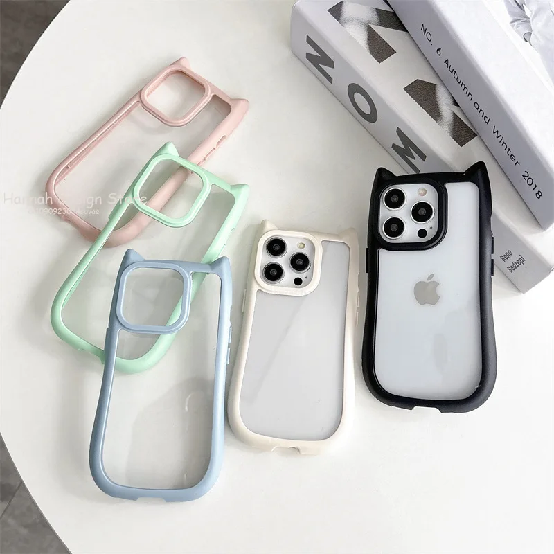 

Soft Silicone Cute Cat Ear Phone Case For iPhone 15 14 13 12 11 Pro Max Transparent Shockproof Hard Acrylic Bumper Back Cover