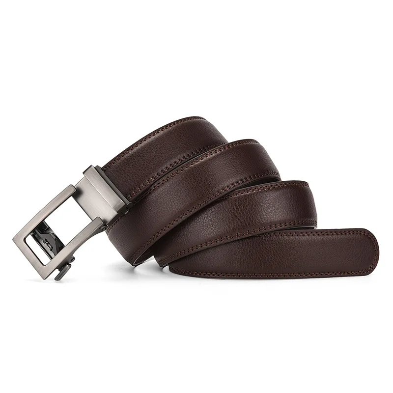 Men Automatic Buckle Belt Two-layer Cowhide Gray Belt Solid Color Straight Belt European And American Trend Pasek Męski Skórzany