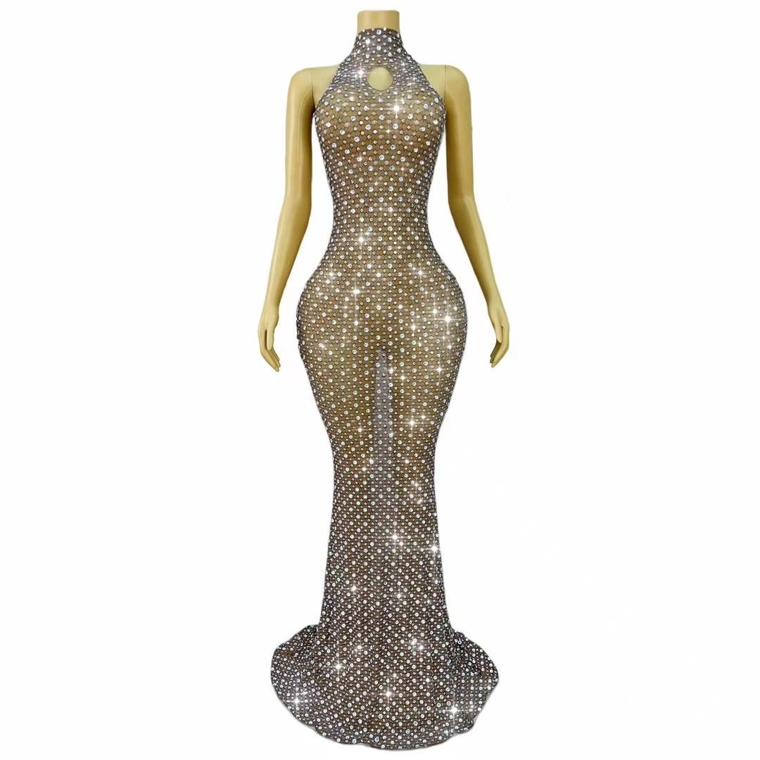 

Wangshangzuan Luxury Sparkly Silver Crystals Brown Long Dress Festival Night Party Outfit Sexy Women Tight Fitting Evening Gown