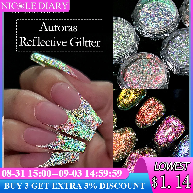 

NICOLE DIARY Reflective Glitter Nail Powder Sequins Sparkly Flash Crystal Pigment Dip Chrome Powder Nails DIY Dust Nail Supplies