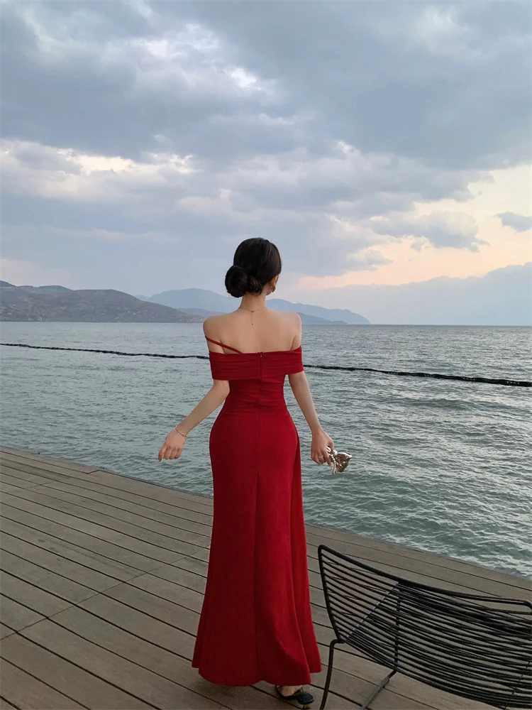 فستان مثير للحفلات على شاطئ البحر بدون حمالات على شكل زهرة للنساء أنيق بخصر نحيف وفتحة مكشوفة الأكتاف فستان أنيق برقبة مائلة باللون الأحمر #5