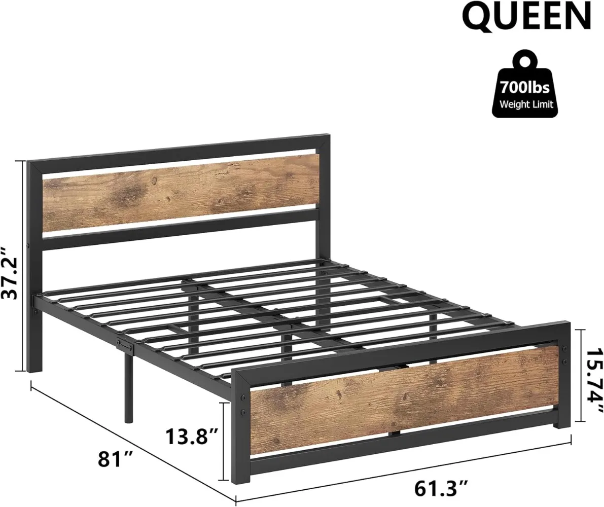 GAOMON Queen Size Bed Frame with Wood Headboard, Industrial Queen Platform Bed with Heavy Duty Slat Support,No Box Spring Needed