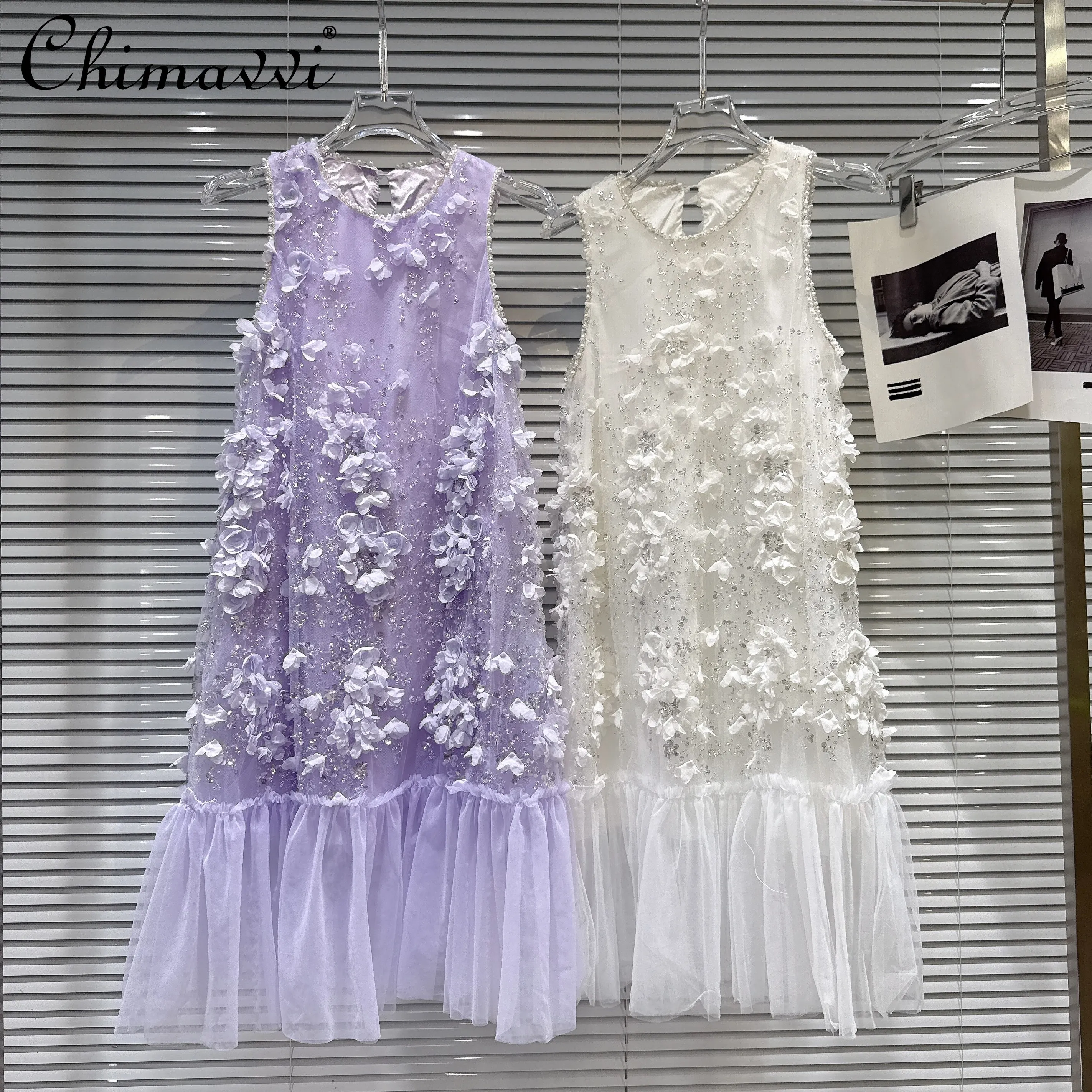 

2026 Summer French Fashion Socialite Heavy Industry 3D Flower Embroidery Bead Sequins Round Neck Sleeveless Party Dress Women