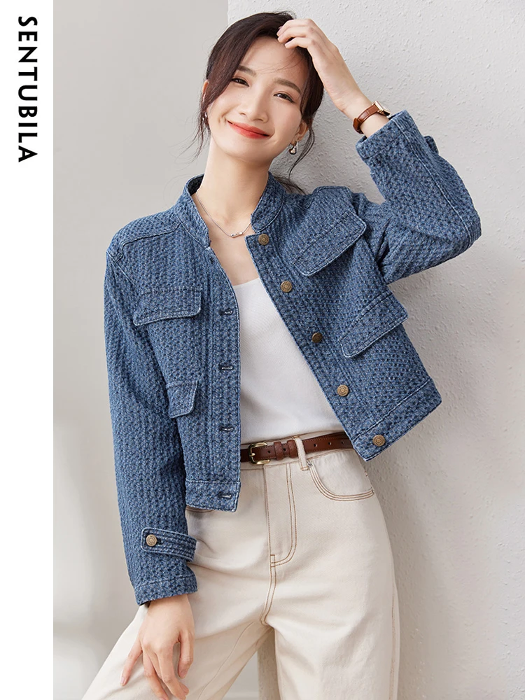 SENTUBILA Denim Jacket Women 2024 Autumn New Fashion Stand Collar Crop Jacquard Jean Jackets Long Sleeve Outerwear Top W33W50575