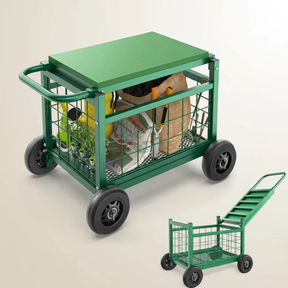 

Heavy Duty Rolling Garden Seat with Wheels, 4-in-1 Gardening Cart Stool for Seniors & Adults, Green
