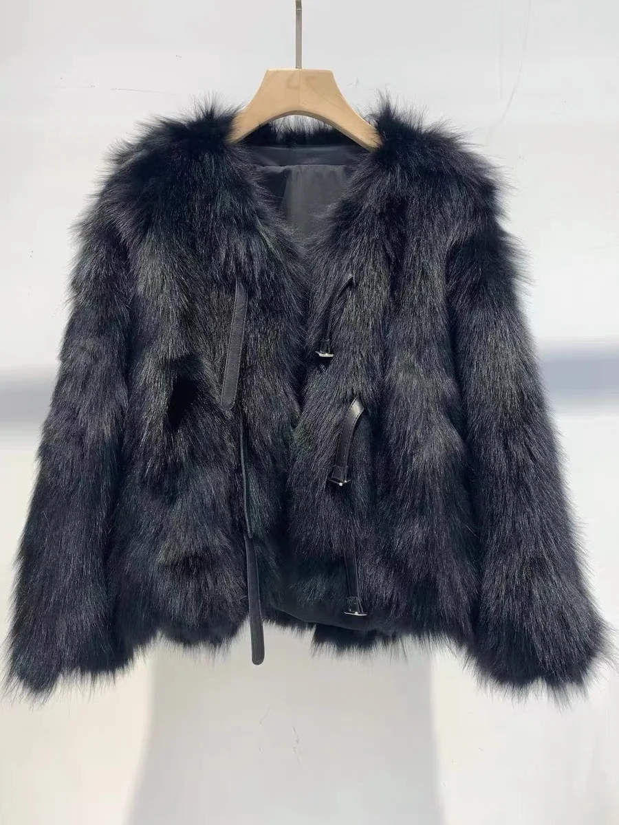 New Fox Fur Coat Women's Fashion Young Round Neck Lace-up Coat