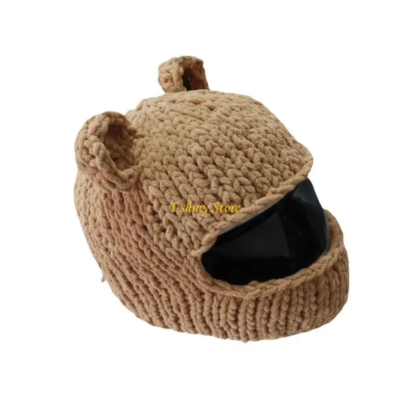 N58F Bear Ear Helmet Cover For Motorcycle Helmets Soft Acrylic Cotton Knit Balaclava Funny Headgear for Adult Holiday Gift