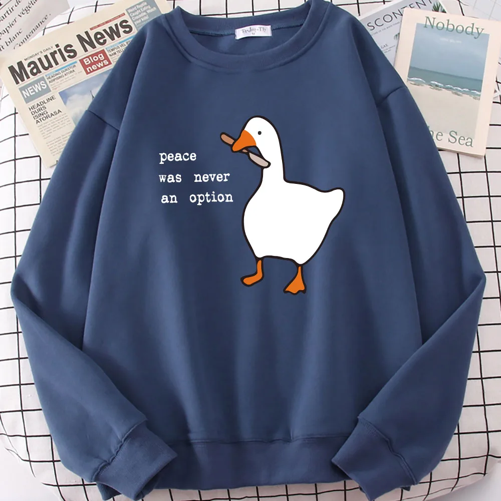 Peace Was Never An Option Goose Print Man Long Sleeves Kawaii Cartoons Pullovers Fashion Casual Simple Clothing Male Sweatshirts