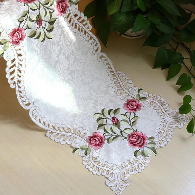 Luxury satin Rose Embroidery bed Table flag Runner cloth cover kitchen Christmas Wedding party Table decoration and accessories