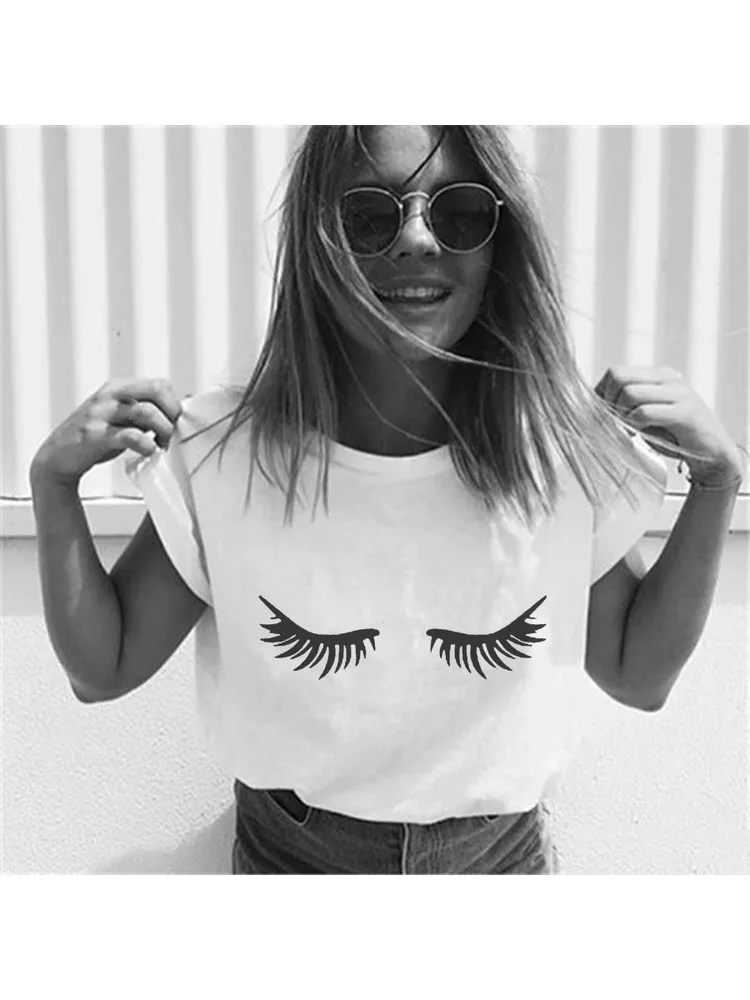 

Women's Tshirt White Tee Eyelashes Printed Summer Short Sleeve T-Shirt Tees Streetwear Harajuku Woman Clothes Camisas Mujer