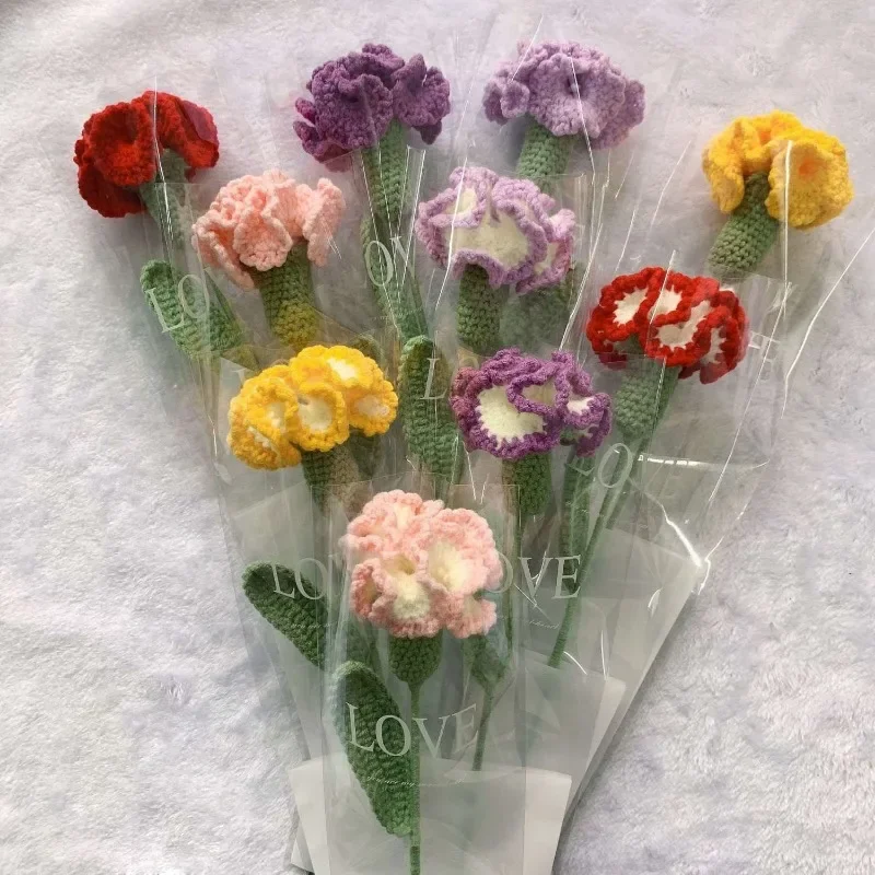 Finished Gradient Color Carnation Hand-woven Crochet Artificial Flowers Mother's Day Gift Home Decor Wedding Decorations Bouquet