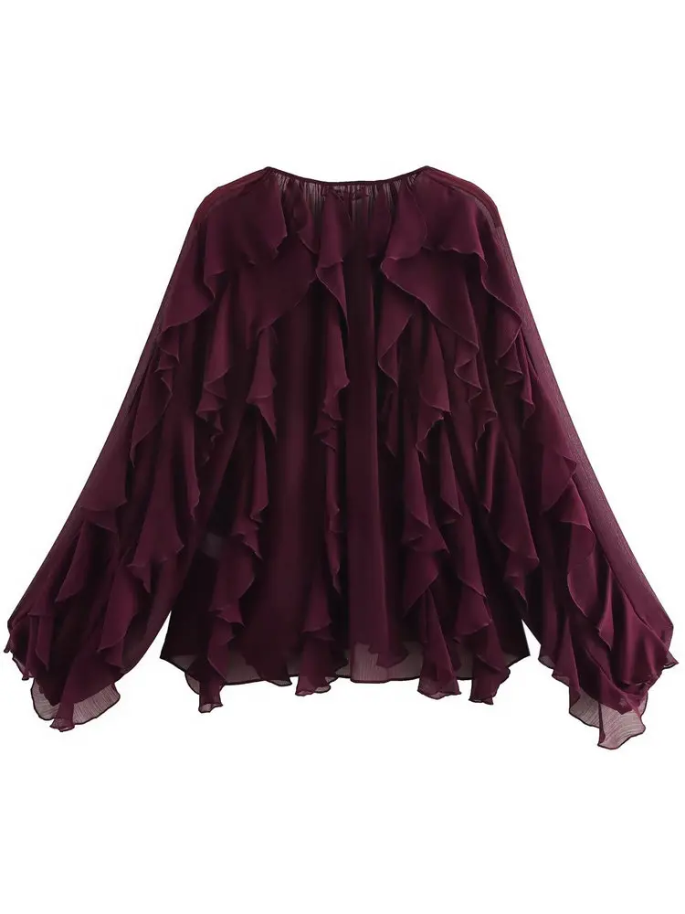Office Lady Vintage V-neck Translucent Tierred Ruffles Blouses 2025 Summer Chic Women's Elegant Loose Long Sleeve Layered Shirts