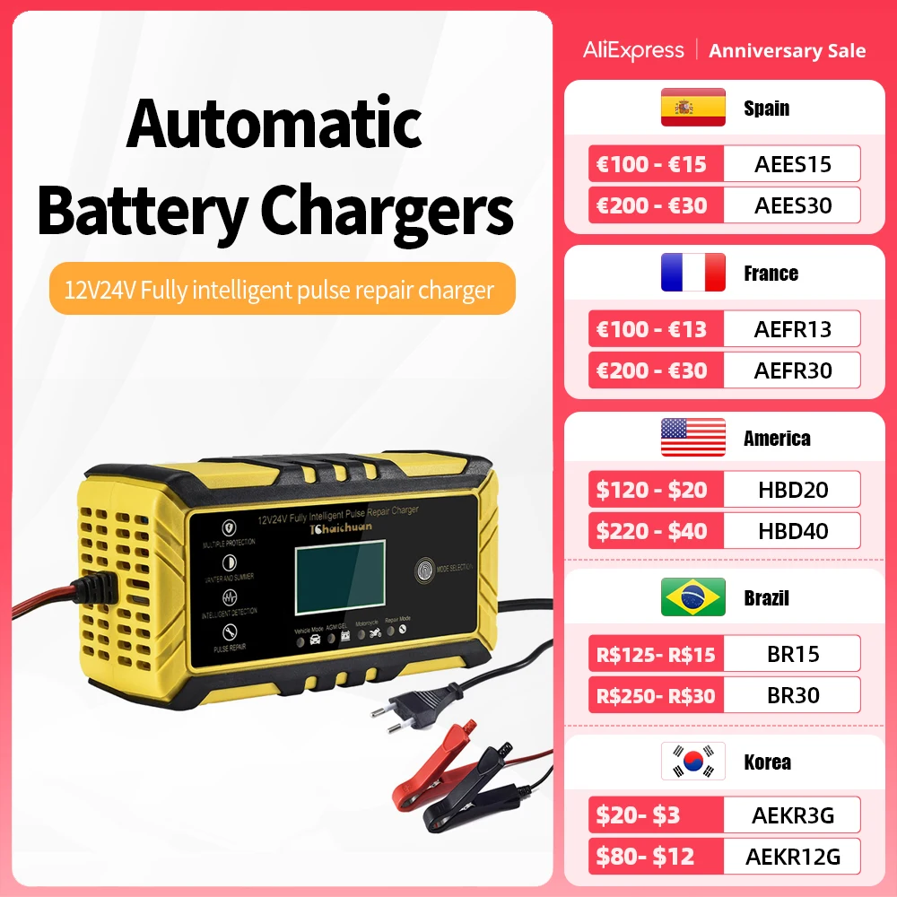 12V 24V 6A Full Automatic Battery Chargers Car Battery Chargers Power Puls Repair Chargers Wet Dry Lead Acid Digital LCD Display