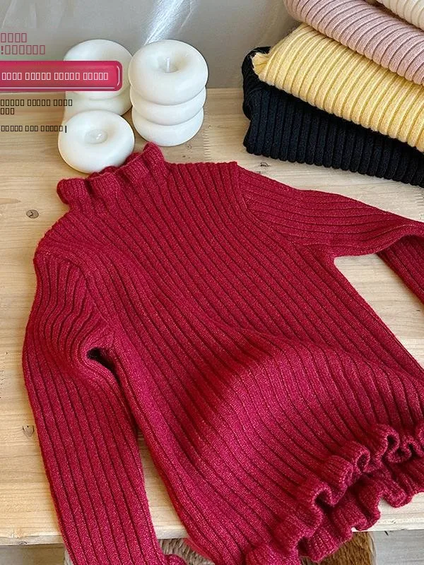 

Вязаный свитер для девочек с высоким воротником Base irt, осень-зима, новый модный однотонный кружевной свитер, длинный све, смесь хлопка