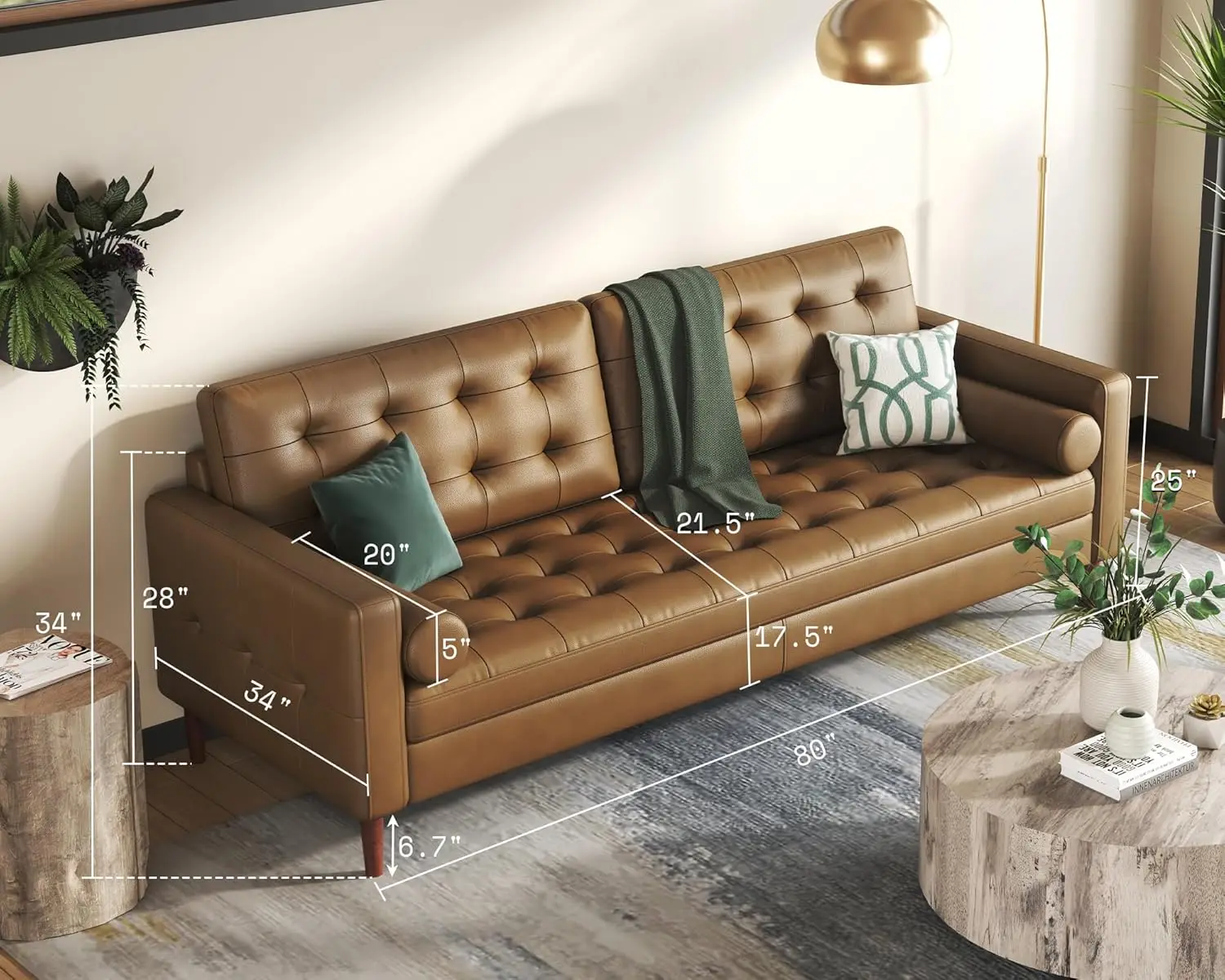 

AMERLIFE Leather Couch,Mid-Century Genuine Leather Sofa,2 Piece Set 3 Seater Modern Sofa,Comfy Couch for Living Room Home