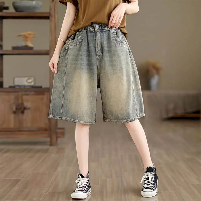 

Denim Shorts for Women 2026 Summer Vintage Distress Elastic Waist Jeans Five-point Wide Leg Pants Casual Loose Women Clothing