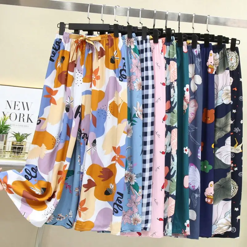 

New Summer Print Straight Pants Women Elastic High Waist Cotton Wide-legged Pants Pajama Loungewear Beach Outdoor Casual Trouser