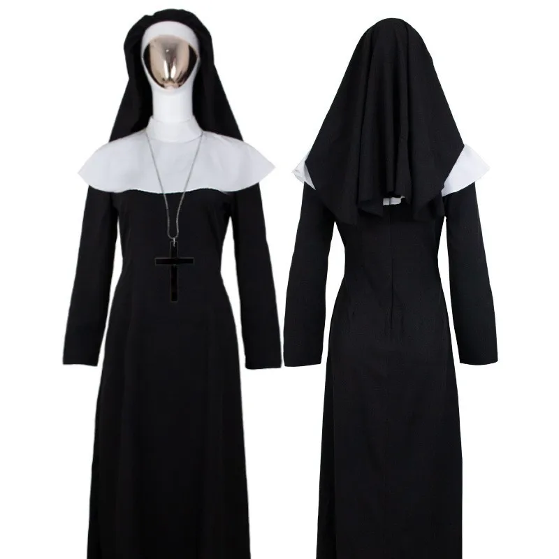 Costumes de Cosplay Sexy pour femmes et filles, Religion chrétienne catholique, nonne missionnaire, robe noire, fête de carnaval d'halloween, de noël