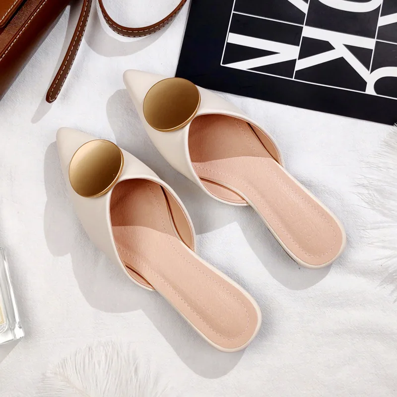 Big Size Rivet Female Shoes Loafers Womens Slippers Outdoor Pointed Toe Low Slides Mules Sexy 2024 Summer Cover Flat Fabric PU R