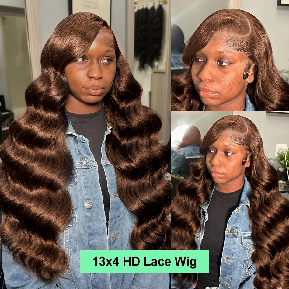 Parrucche frontali in pizzo 13x6 HD dell'onda del corpo Parrucche frontali in pizzo colorato Onda d'acqua Capelli umani 220 Densità Marrone cioccolato 13x4 Parrucca anteriore in pizzo per capelli umani