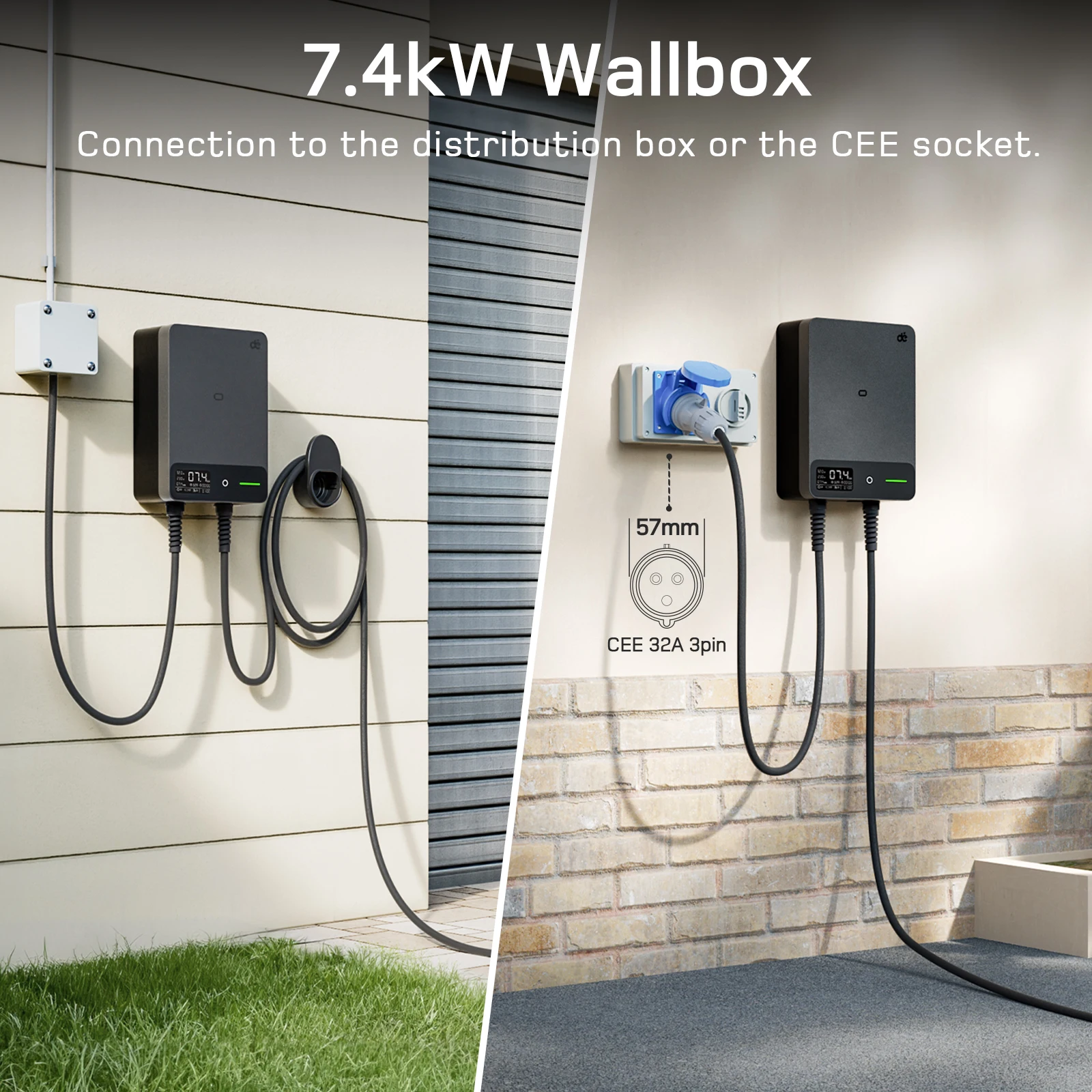 dé 7kW Wallbox Single Phase 400V 32A Home Charging Station 7.5 m Charging Cable Type 2 EV Charger with Electricity Meter