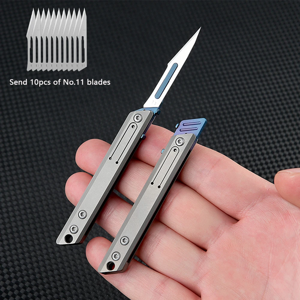 Titanium alloy folding surgical knife, medical outdoor open box portable surgical knife with 10pcs Replaceable Blades