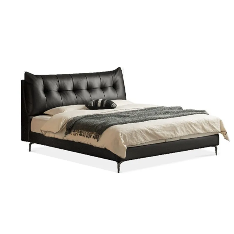 Italian minimalist leather bed, medieval style master bedroom simple double bed