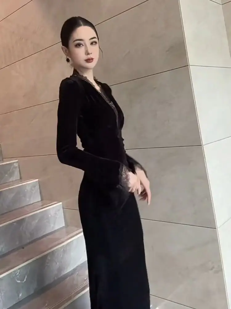 المرأة فستان طويل بسيط الخامس الرقبة طويلة الأكمام ضيق سليم فساتين الدانتيل أنيقة موضة الكورية المرأة رداء مثير التخسيس فستان TS390