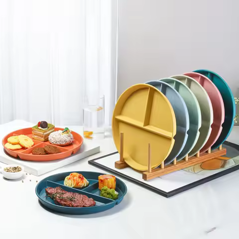 23cm Sub-grid Plate Fat-reducing Sub-plate Children's Tableware Three-grid Rice Plate Separated Dessert Breakfast Plate Kitchen