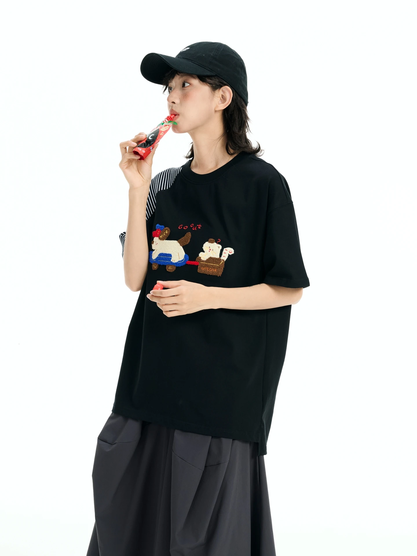 

Asymmetric Patchwork ort Sve T-irt round Ne Towel Embroidery Dog Walking Walking Casual Loose Fit ex Cotton