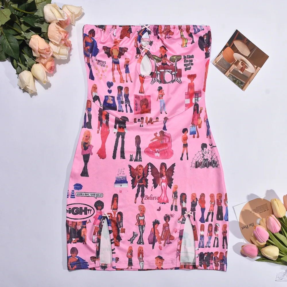 Sexy Hollow Out Split Mini Dress Pink Figure Printed Fashion Strapless Skirt 2024 New Backless Spicy Girl Slim Fit Dress