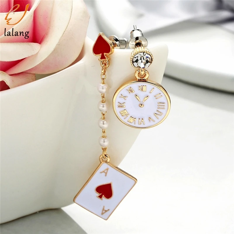 Gold Red Peach Alice Dream Clock Dangle Earring Poker Card Asymmetrical Eardrop Fashion Jewelry Long Created Pearl Women Trendy