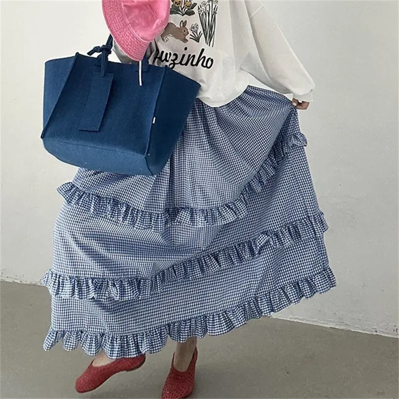 Moda coreana Vintage blu Plaid multistrato volant Maxi gonna torta vita alta a-line gonna lunga a pieghe Casual allentata per le donne