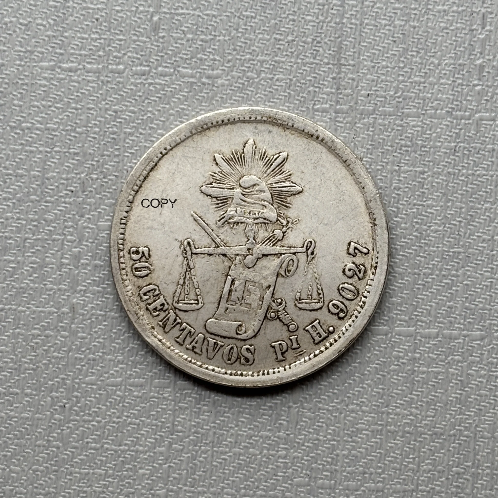 Monedas de Recuerdo de México 1885 Pi H 50 Centavos, Copia Plateada en Metal