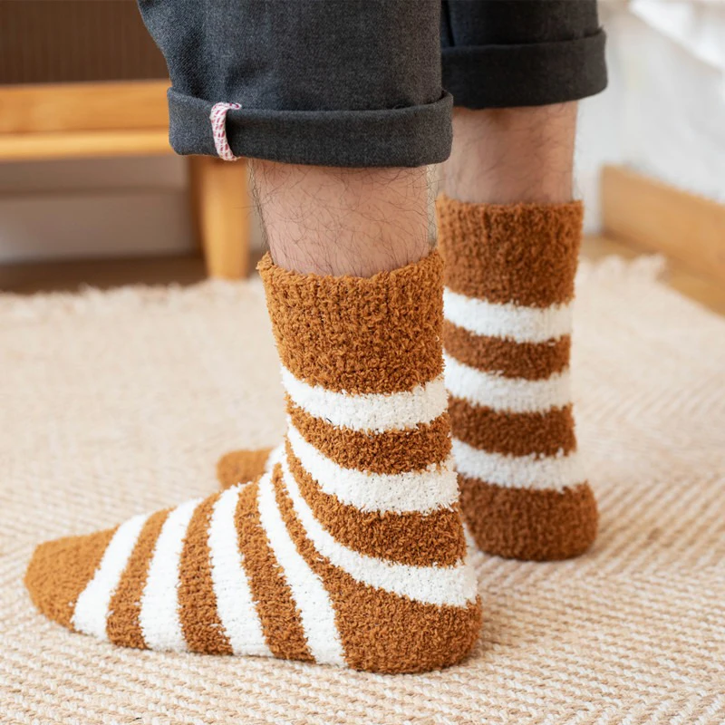 Men Soft Striped Socks Man Fluffy Thick Coral Velvet Socks Male Winter Warm Fashion Floor Terry Towel Fuzzy Sock Mens Meias Soks