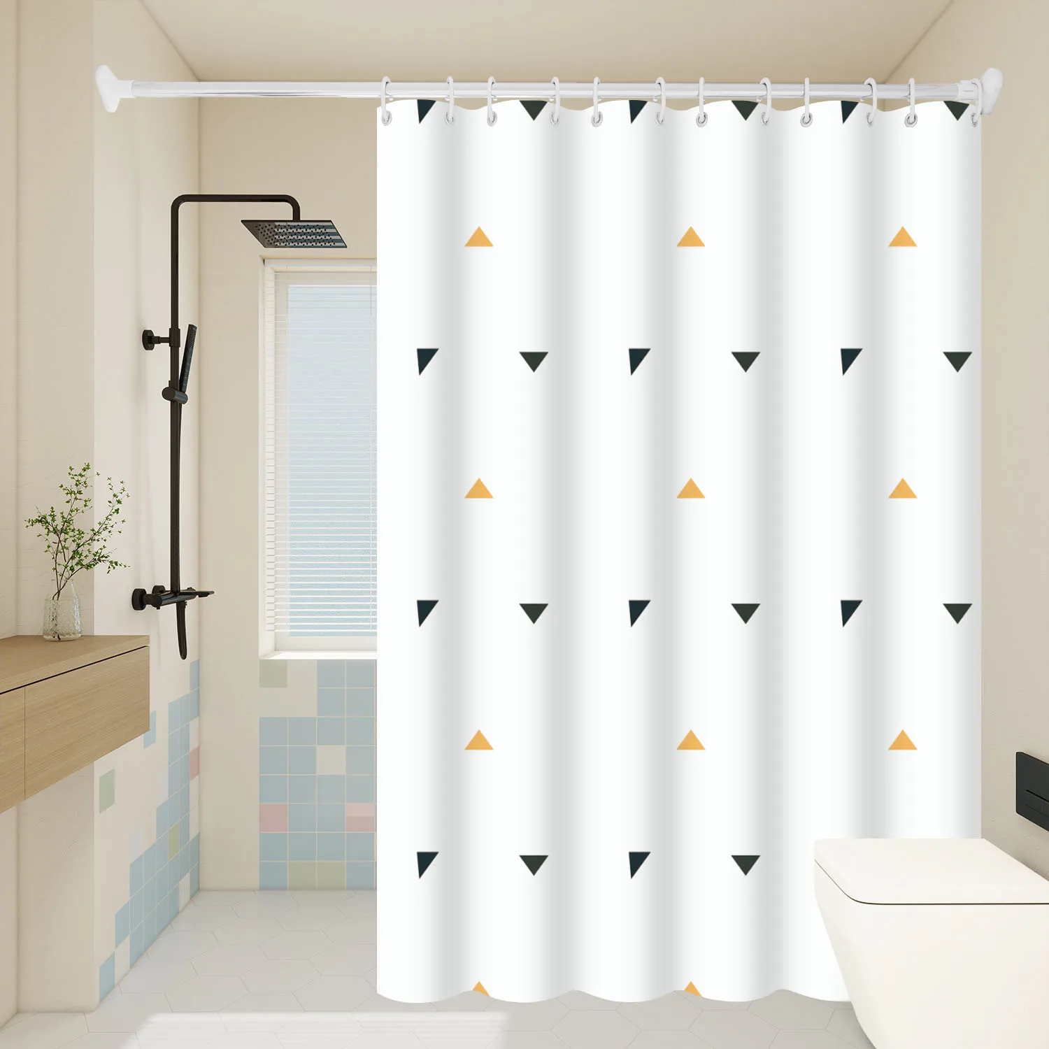 1pc Yellow Triangle Pattern Artwork Geometric Shower Curtain Waterproof PEVA Modern Minimalist Bathroom Decor