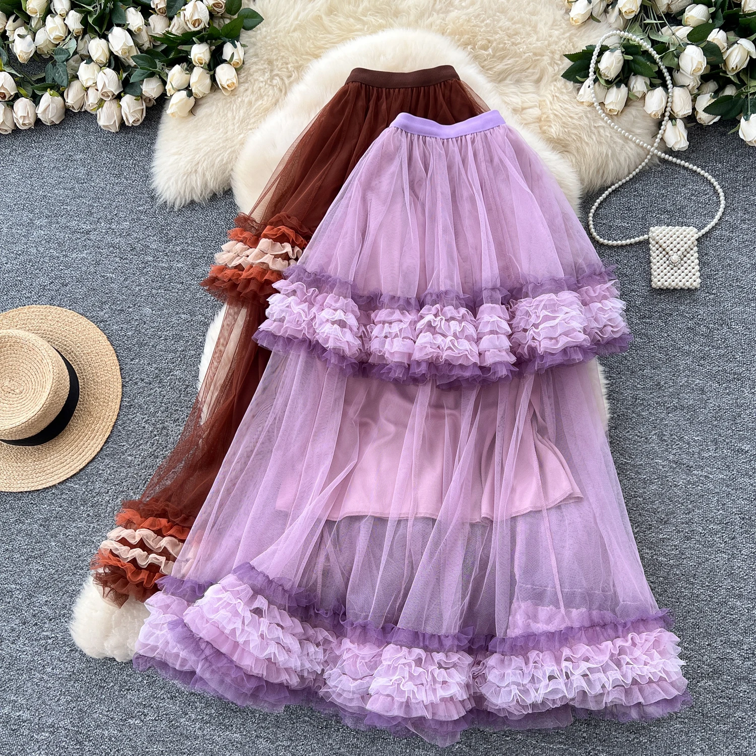 

Clothland Women Sweet Ruffled Mesh Skirt Elastic Waist Ball Gown A Line One Piece Female Cute Long Skirts Mujer BA366