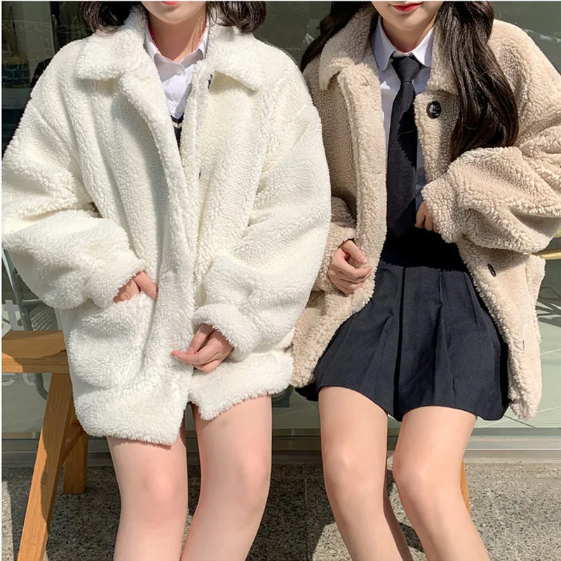 Lamb Fur Jaet Women's Loose Square Collar Single Button Autumn Winter New Small Size Student Faion Outerwear Coat