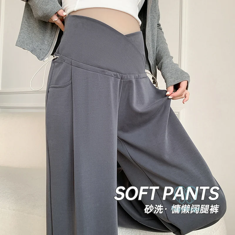 Quality Maternity Long Pants 2024 Spring New Fashion Wide Leg Loose Straight Clothes for Pregnant Women Across V Belly Pregnancy