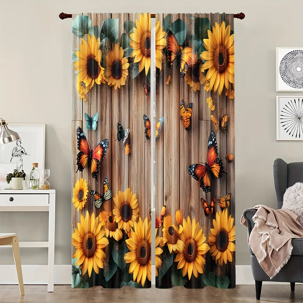 

2 шт. Декоративные шторы с подсолнухами и бабочками, полиэстер, затемняющие, для спальни и гостиной, желтые, с цветочным узором и рисунком деревянных планок