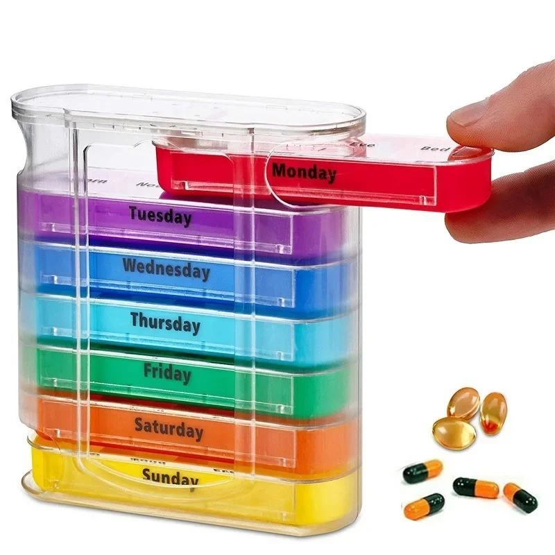 

Portable Weekly 7 Days Pill Box Colorful Design Stackable 4 Times A Day Medicine Storage Dispenser/Plastic Pill Organizer Boxes