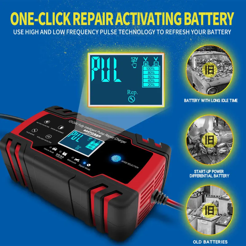 12-24V 6/8A W pełni automatyczna ładowarka do akumulatorów Cyfrowy wyświetlacz LCD Ładowarki do akumulatorów samochodowych Ładowarki naprawcze Power