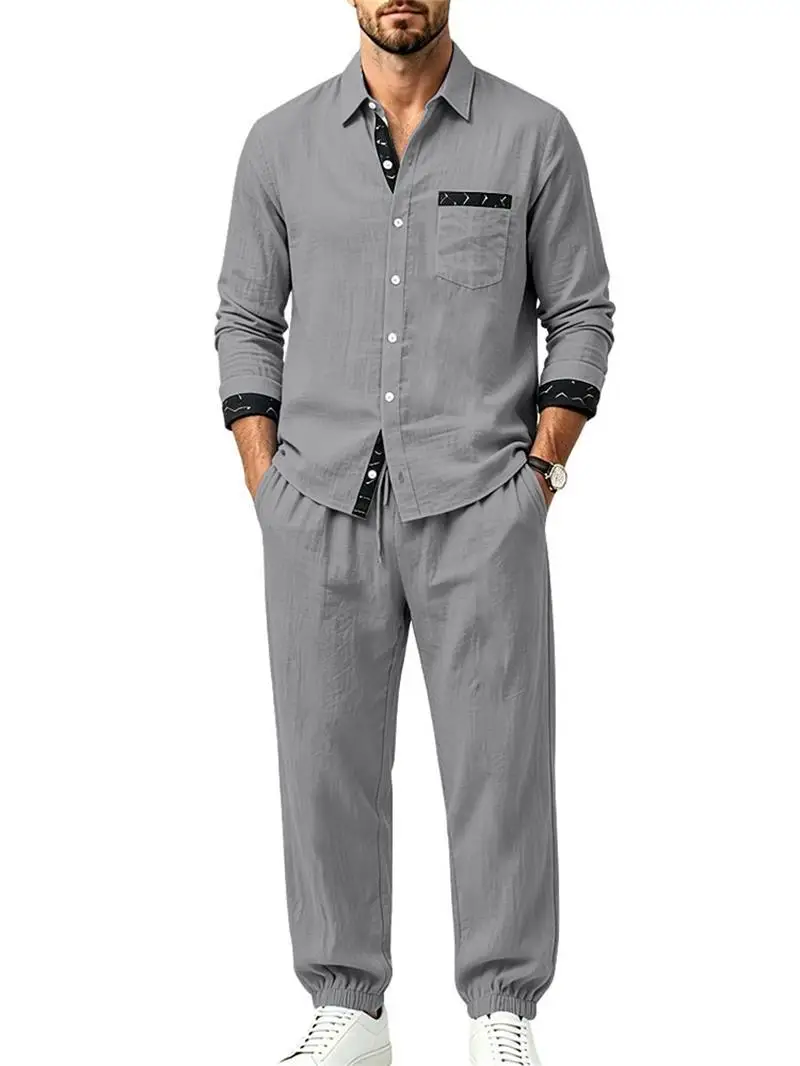New linen print men's two-piece set, lapel pocket long sleeved shirt, elastic waist long pants, business vacation casual set view 6
