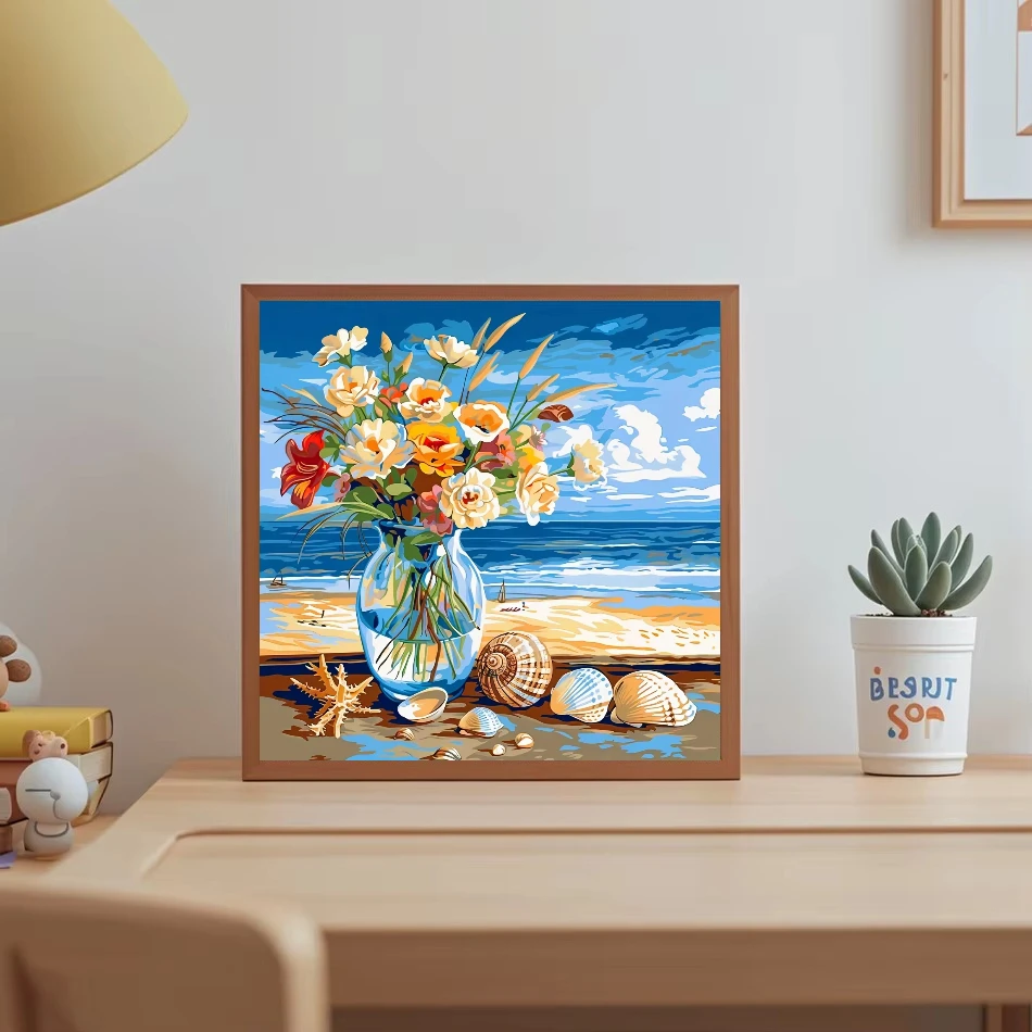数字で描く海辺の花の風景、数字で描くアクリル絵の具、キャンバ - Diy Elektronik のレビューと価格