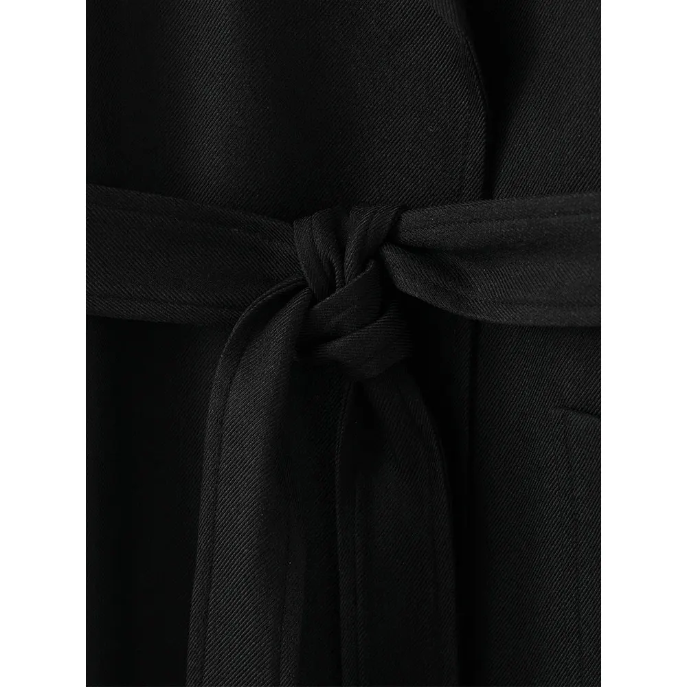 DUOPERI Fashion Wanita dengan Saku Sabuk Jaket Trench Hitam Kasual Kerah Lapel Lengan Panjang Wanita Elegan Chic Pakaian Wanita