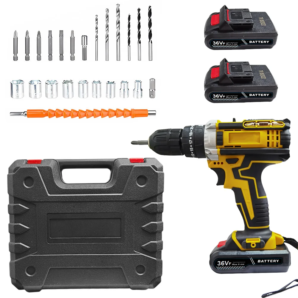 Taladro de impacto inalámbrico IKUAFEN de 36 V, color amarillo, con doble velocidad y 25+3 niveles de par, incluye 2 baterías de 2000 mAh