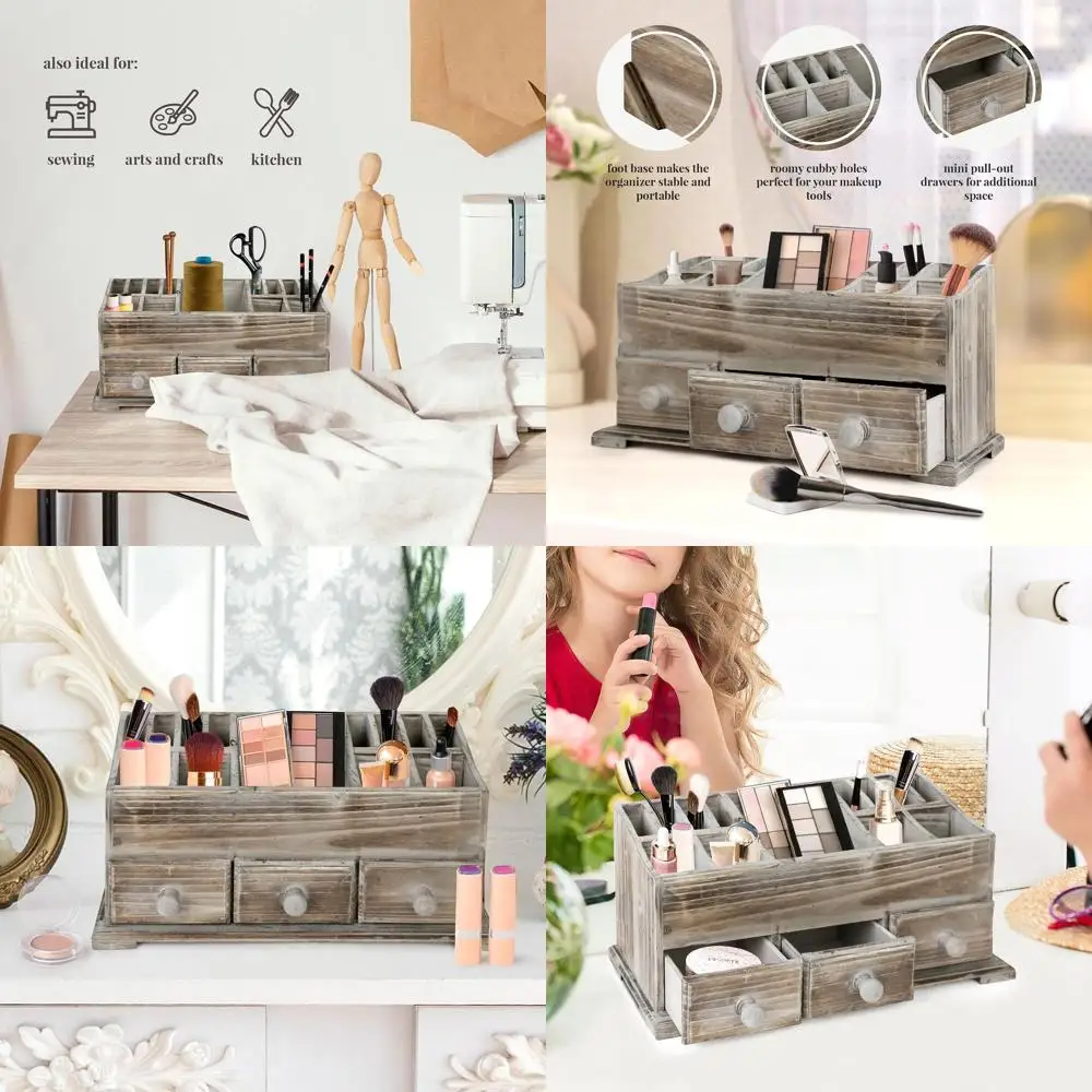 Vintage Wooden 3-Drawer Vanity Organizer for Cosmetics, Makeup, and Bathroom Essentials