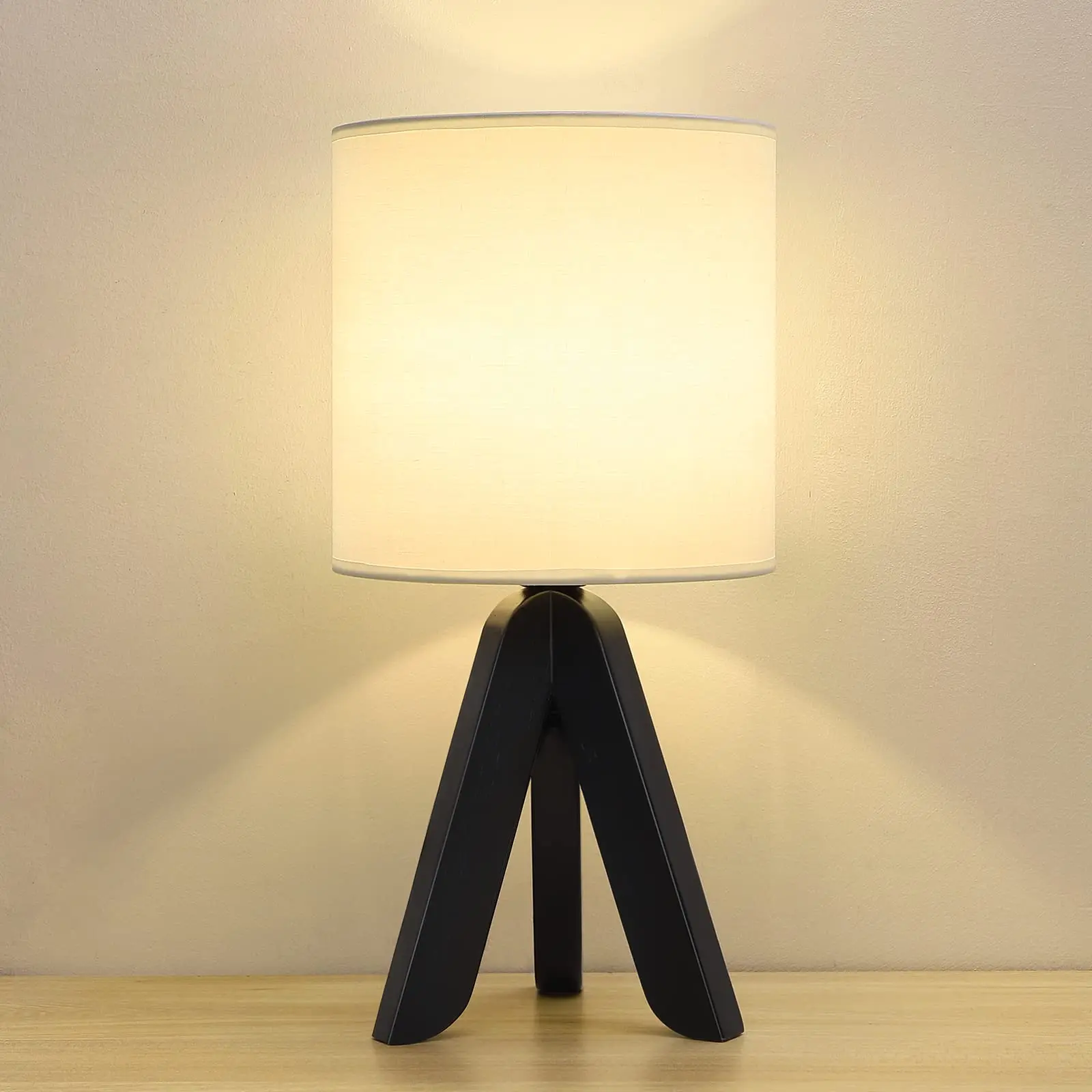 

Wooden Tripod Table Lamp With Black Base Linen Fabric Shade Bedside Nightstand Lamp For Bedroom